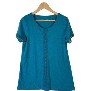 Coldwater Creek Top Women’s Size XS Teal Cotton T Shirt Crochet Detail Sleeves